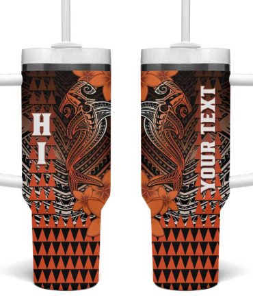 Hawaii Hammerhead Shark Kakau Polynesian Tribal Orange Custom Stanley Quencher 40Oz Stainless Steel Tumbler With Handle