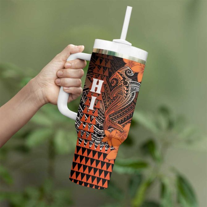 Hawaii Hammerhead Shark Kakau Polynesian Tribal Orange Custom Stanley Quencher 40Oz Stainless Steel Tumbler With Handle - Image 3