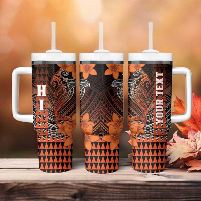 Hawaii Hammerhead Shark Kakau Polynesian Tribal Orange Custom Stanley Quencher 40Oz Stainless Steel Tumbler With Handle - Image 4