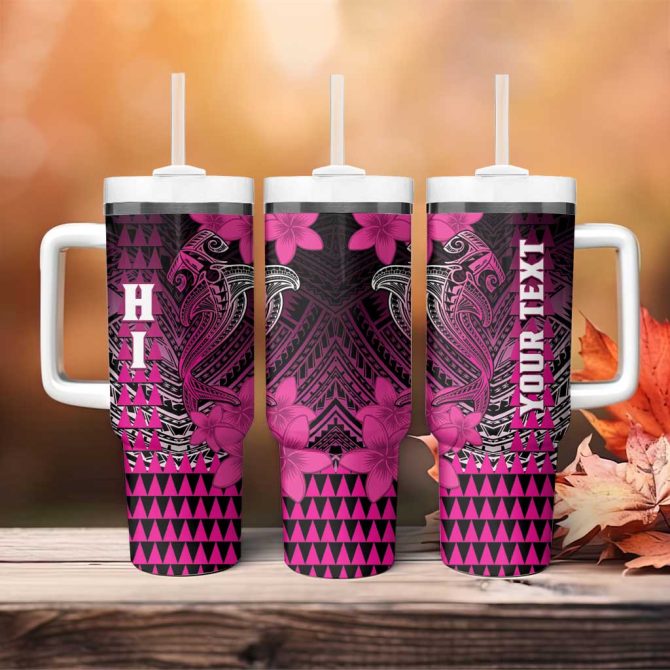 Hawaii Hammerhead Shark Kakau Polynesian Tribal Pink Custom Stanley Quencher 40Oz Stainless Steel Tumbler With Handle - Image 4