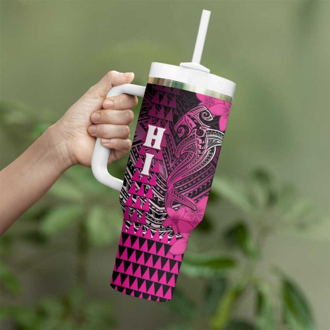 Hawaii Hammerhead Shark Kakau Polynesian Tribal Pink Custom Stanley Quencher 40Oz Stainless Steel Tumbler With Handle - Image 3