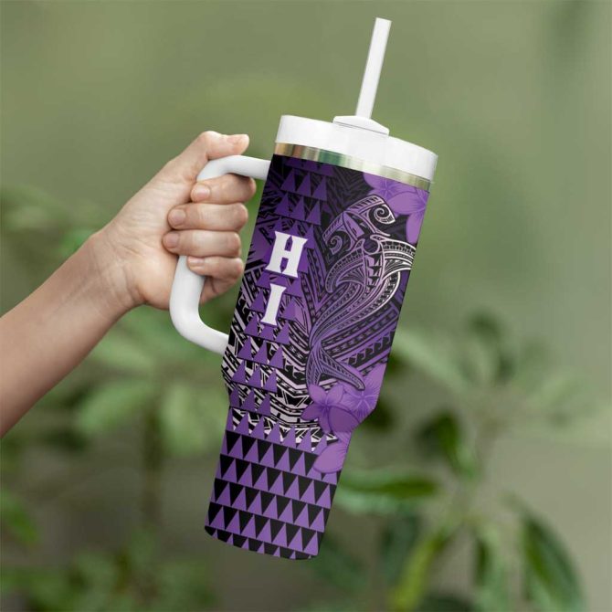 Hawaii Hammerhead Shark Kakau Polynesian Tribal Purple Custom Stanley Quencher 40Oz Stainless Steel Tumbler With Handle - Image 3