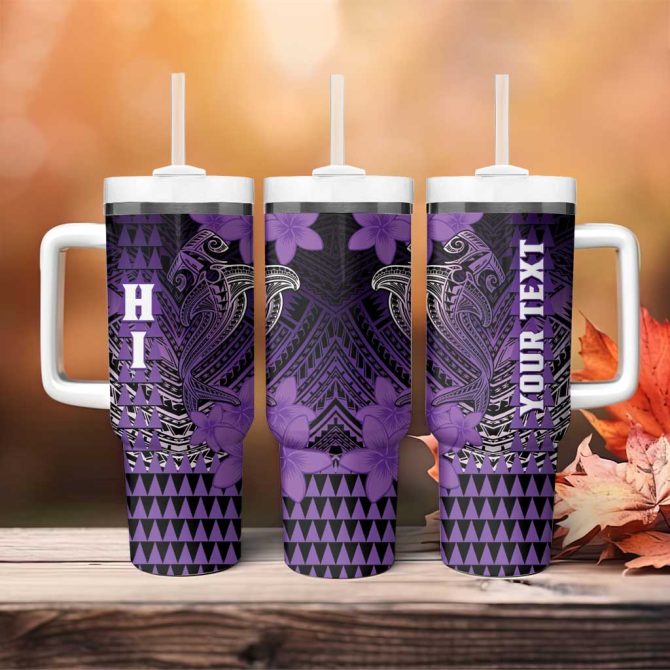 Hawaii Hammerhead Shark Kakau Polynesian Tribal Purple Custom Stanley Quencher 40Oz Stainless Steel Tumbler With Handle - Image 4