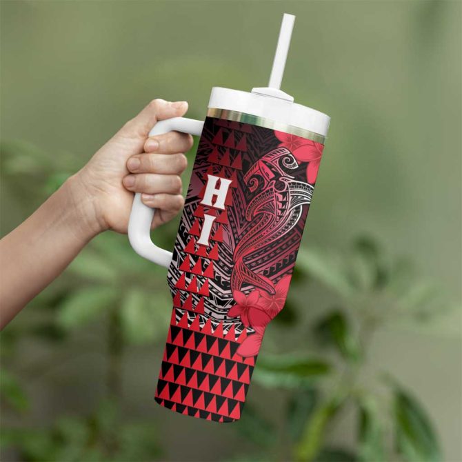 Hawaii Hammerhead Shark Kakau Polynesian Tribal Red Custom Stanley Quencher 40Oz Stainless Steel Tumbler With Handle - Image 3