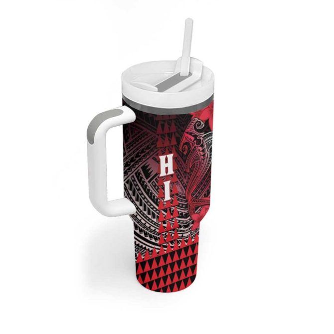 Hawaii Hammerhead Shark Kakau Polynesian Tribal Red Custom Stanley Quencher 40Oz Stainless Steel Tumbler With Handle - Image 2