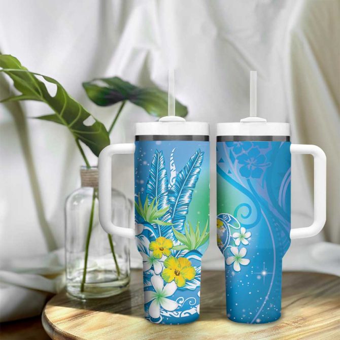 Hawaii Honu Tropical Flowers Blue Gradient Custom Stanley Quencher 40Oz Stainless Steel Tumbler With Handle - Image 9