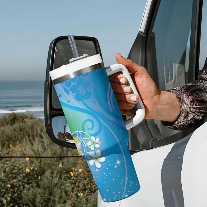 Hawaii Honu Tropical Flowers Blue Gradient Custom Stanley Quencher 40Oz Stainless Steel Tumbler With Handle - Image 7