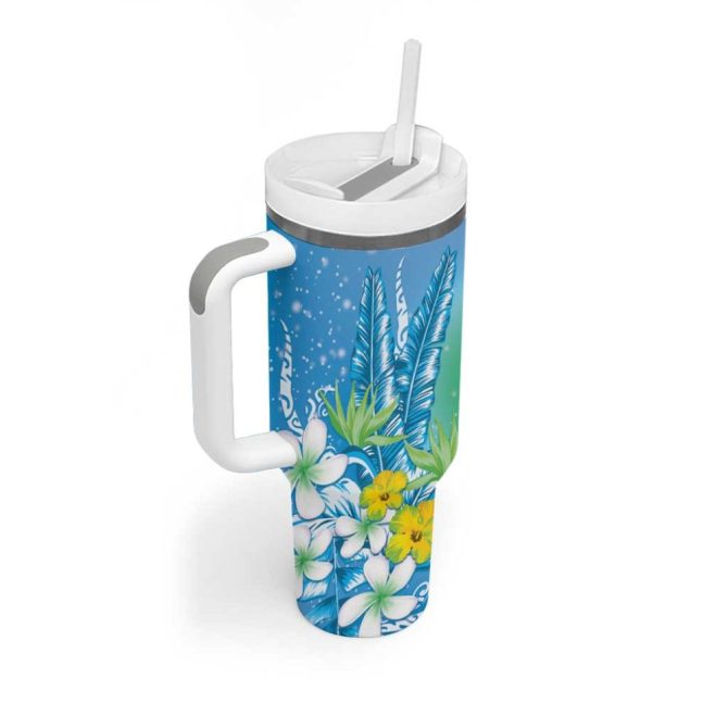 Hawaii Honu Tropical Flowers Blue Gradient Custom Stanley Quencher 40Oz Stainless Steel Tumbler With Handle - Image 2