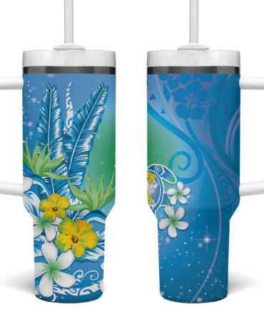 Hawaii Honu Tropical Flowers Blue Gradient Custom Stanley Quencher 40Oz Stainless Steel Tumbler With Handle