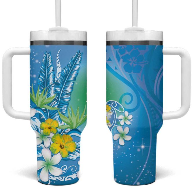 Hawaii Honu Tropical Flowers Blue Gradient Custom Stanley Quencher 40Oz Stainless Steel Tumbler With Handle