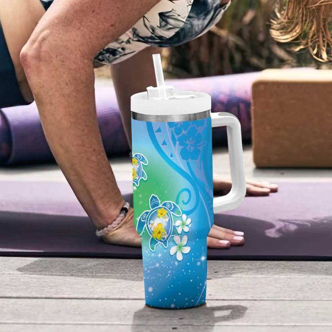 Hawaii Honu Tropical Flowers Blue Gradient Custom Stanley Quencher 40Oz Stainless Steel Tumbler With Handle - Image 6