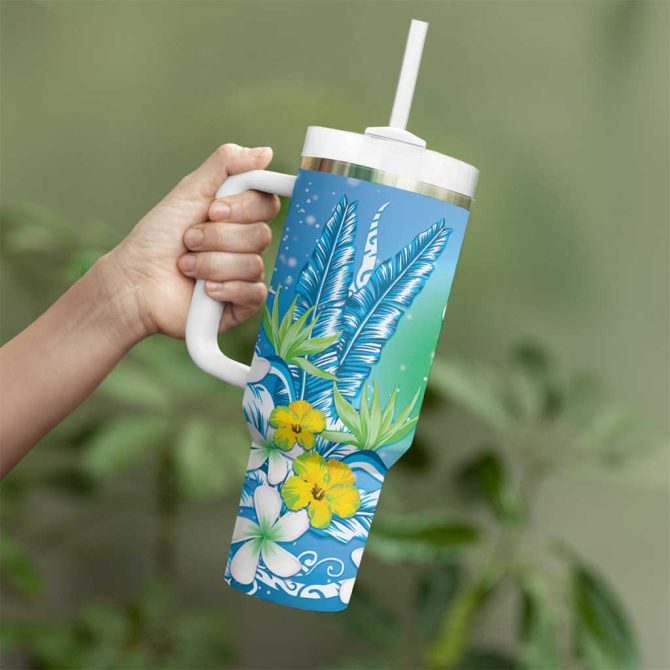 Hawaii Honu Tropical Flowers Blue Gradient Custom Stanley Quencher 40Oz Stainless Steel Tumbler With Handle - Image 3