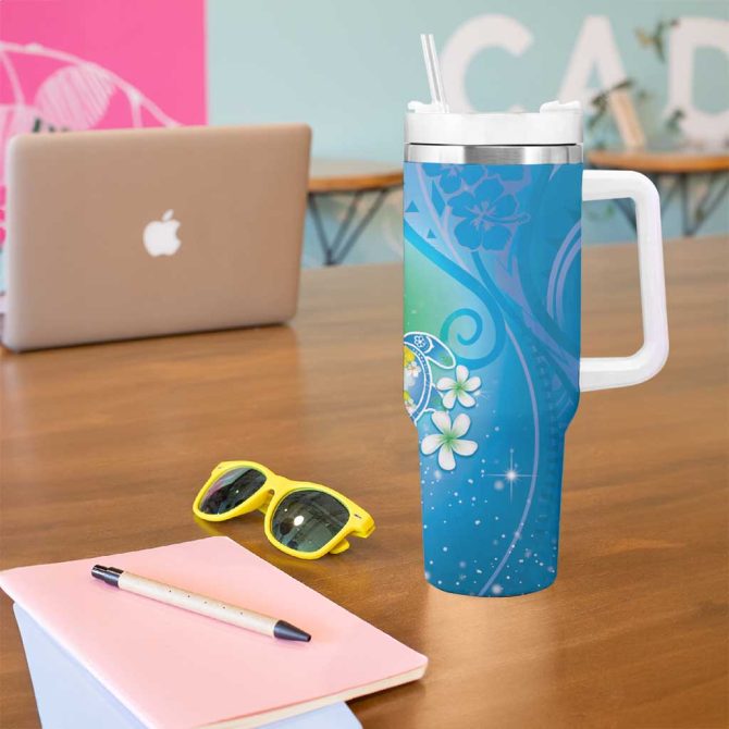 Hawaii Honu Tropical Flowers Blue Gradient Custom Stanley Quencher 40Oz Stainless Steel Tumbler With Handle - Image 5
