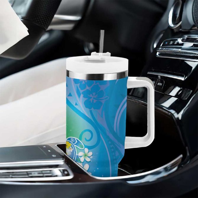 Hawaii Honu Tropical Flowers Blue Gradient Custom Stanley Quencher 40Oz Stainless Steel Tumbler With Handle - Image 8