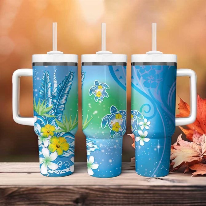 Hawaii Honu Tropical Flowers Blue Gradient Custom Stanley Quencher 40Oz Stainless Steel Tumbler With Handle - Image 4