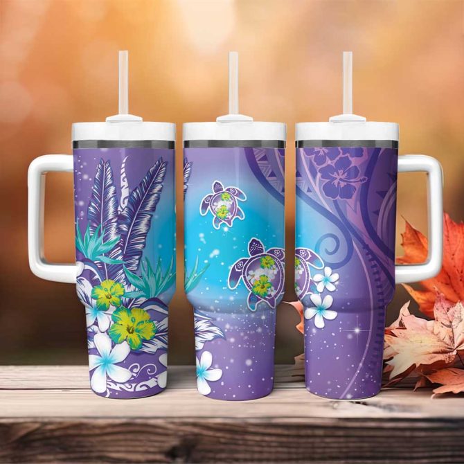 Hawaii Honu Tropical Flowers Purple Gradient Custom Stanley Quencher 40Oz Stainless Steel Tumbler With Handle - Image 4