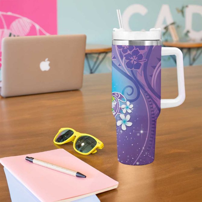 Hawaii Honu Tropical Flowers Purple Gradient Custom Stanley Quencher 40Oz Stainless Steel Tumbler With Handle - Image 5
