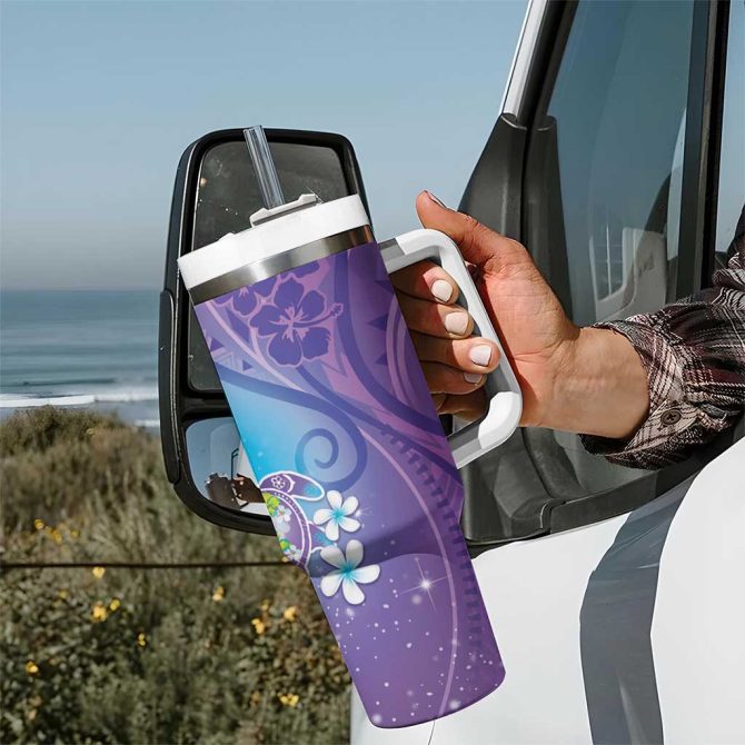 Hawaii Honu Tropical Flowers Purple Gradient Custom Stanley Quencher 40Oz Stainless Steel Tumbler With Handle - Image 7