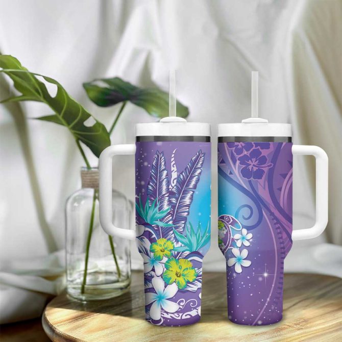 Hawaii Honu Tropical Flowers Purple Gradient Custom Stanley Quencher 40Oz Stainless Steel Tumbler With Handle - Image 9