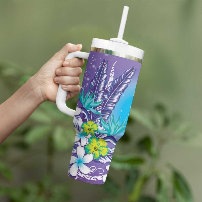 Hawaii Honu Tropical Flowers Purple Gradient Custom Stanley Quencher 40Oz Stainless Steel Tumbler With Handle - Image 3