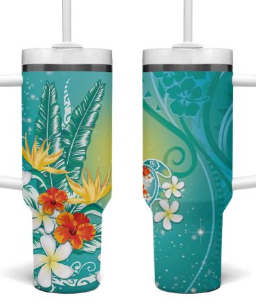 Hawaii Honu Tropical Flowers Turquoise Gradient Custom Stanley Quencher 40Oz Stainless Steel Tumbler With Handle