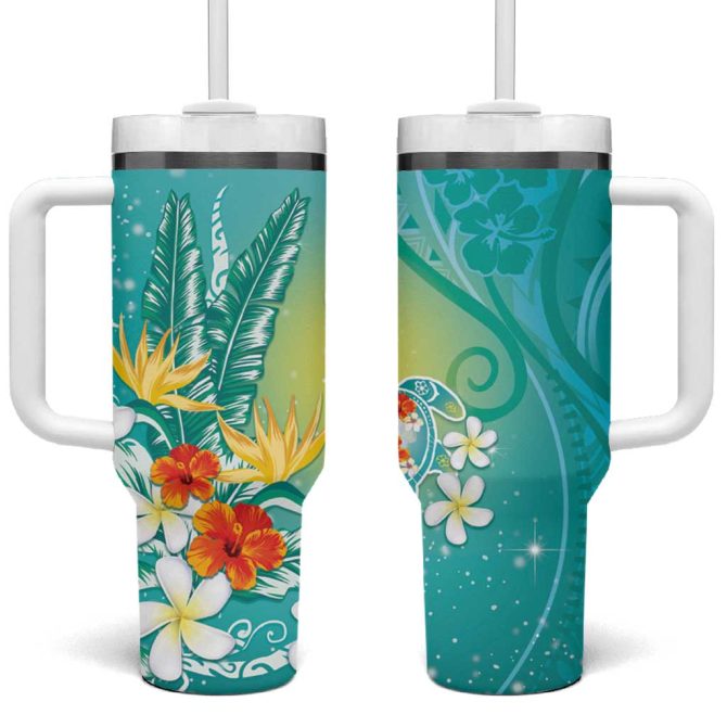 Hawaii Honu Tropical Flowers Turquoise Gradient Custom Stanley Quencher 40Oz Stainless Steel Tumbler With Handle