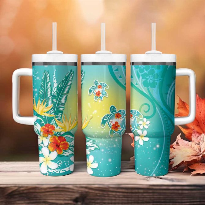 Hawaii Honu Tropical Flowers Turquoise Gradient Custom Stanley Quencher 40Oz Stainless Steel Tumbler With Handle - Image 4