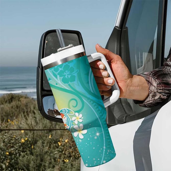 Hawaii Honu Tropical Flowers Turquoise Gradient Custom Stanley Quencher 40Oz Stainless Steel Tumbler With Handle - Image 7