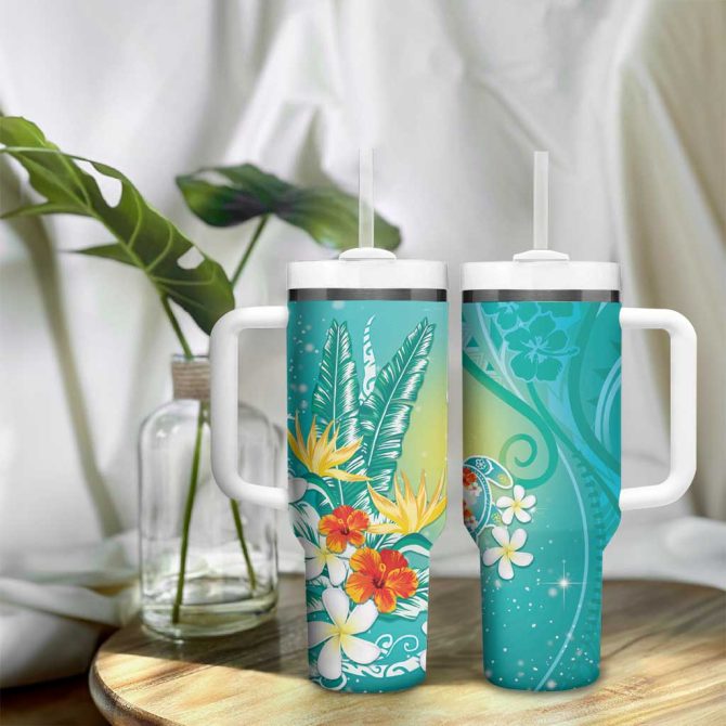 Hawaii Honu Tropical Flowers Turquoise Gradient Custom Stanley Quencher 40Oz Stainless Steel Tumbler With Handle - Image 9