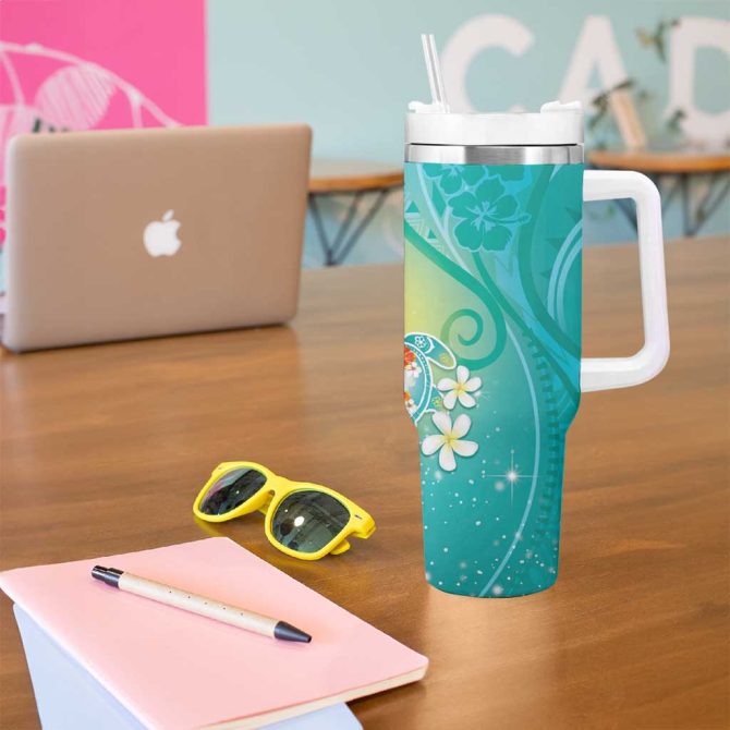 Hawaii Honu Tropical Flowers Turquoise Gradient Custom Stanley Quencher 40Oz Stainless Steel Tumbler With Handle - Image 5