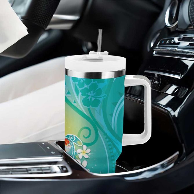 Hawaii Honu Tropical Flowers Turquoise Gradient Custom Stanley Quencher 40Oz Stainless Steel Tumbler With Handle - Image 8