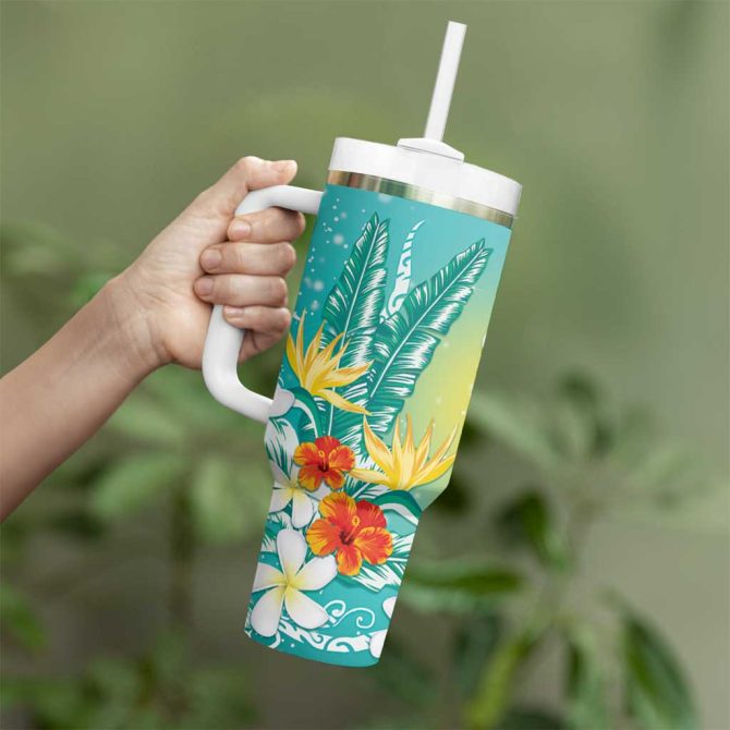 Hawaii Honu Tropical Flowers Turquoise Gradient Custom Stanley Quencher 40Oz Stainless Steel Tumbler With Handle - Image 3