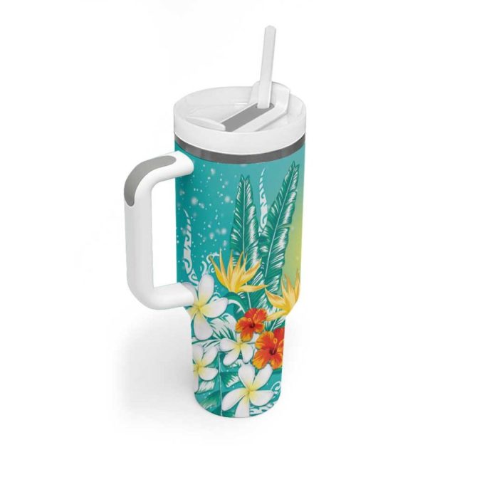 Hawaii Honu Tropical Flowers Turquoise Gradient Custom Stanley Quencher 40Oz Stainless Steel Tumbler With Handle - Image 2