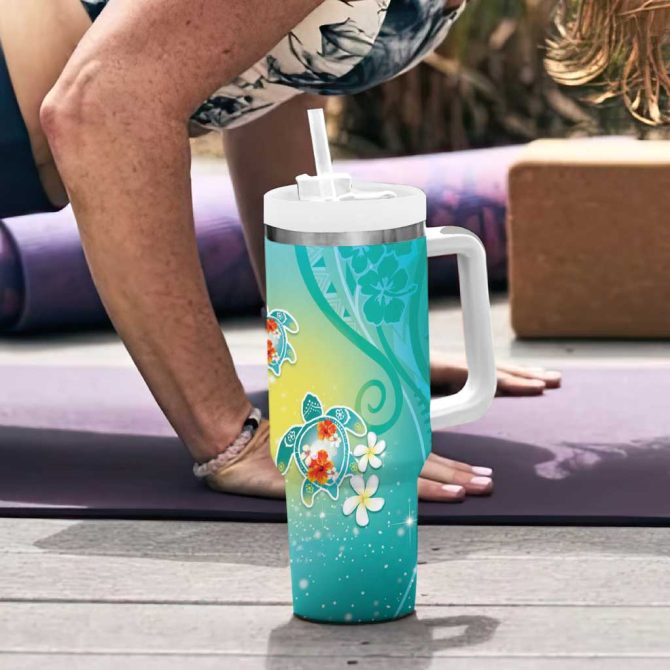 Hawaii Honu Tropical Flowers Turquoise Gradient Custom Stanley Quencher 40Oz Stainless Steel Tumbler With Handle - Image 6