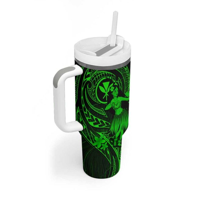 Hawaii Hula Girl Mix Polynesian Plumeria Green Custom Stanley Quencher 40Oz Stainless Steel Tumbler With Handle - Image 2