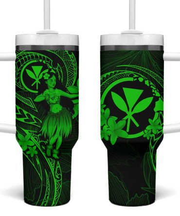 Hawaii Hula Girl Mix Polynesian Plumeria Green Custom Stanley Quencher 40Oz Stainless Steel Tumbler With Handle