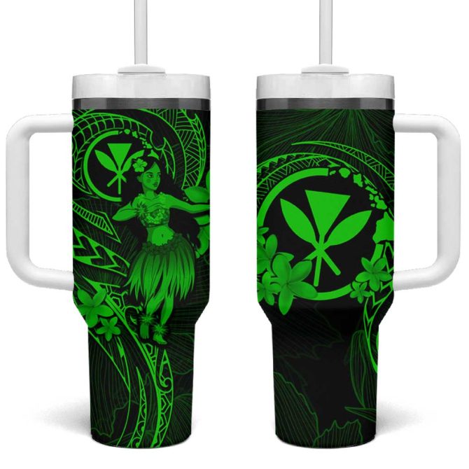 Hawaii Hula Girl Mix Polynesian Plumeria Green Custom Stanley Quencher 40Oz Stainless Steel Tumbler With Handle