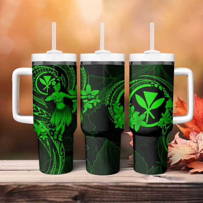 Hawaii Hula Girl Mix Polynesian Plumeria Green Custom Stanley Quencher 40Oz Stainless Steel Tumbler With Handle - Image 4