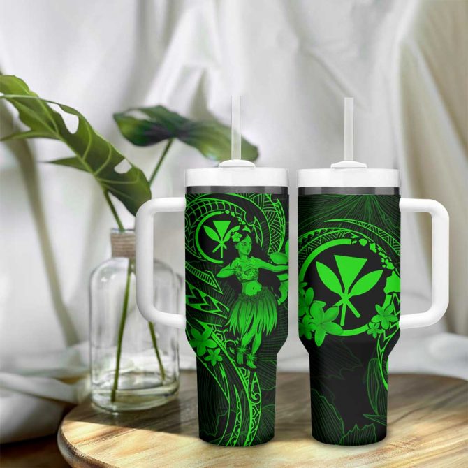Hawaii Hula Girl Mix Polynesian Plumeria Green Custom Stanley Quencher 40Oz Stainless Steel Tumbler With Handle - Image 9