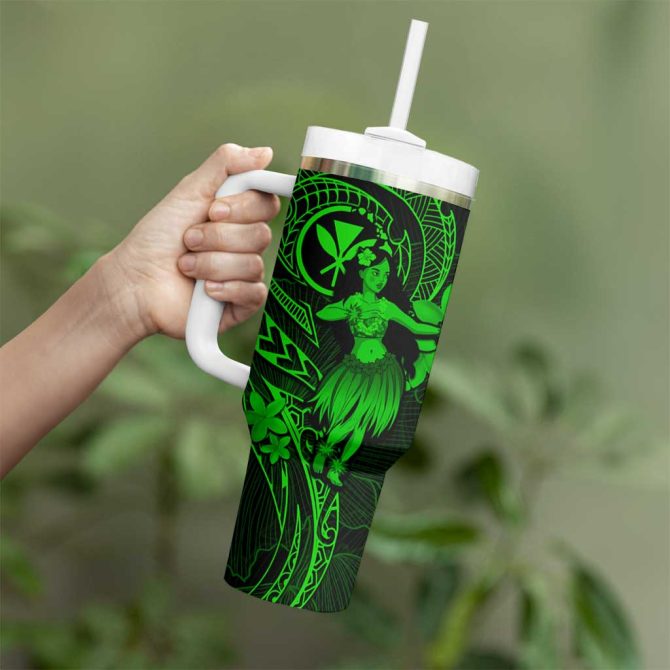 Hawaii Hula Girl Mix Polynesian Plumeria Green Custom Stanley Quencher 40Oz Stainless Steel Tumbler With Handle - Image 3