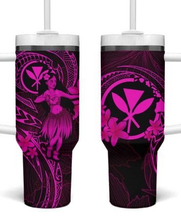 Hawaii Hula Girl Mix Polynesian Plumeria Pink Custom Stanley Quencher 40Oz Stainless Steel Tumbler With Handle