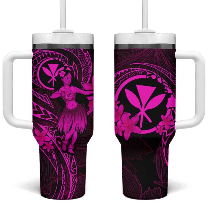 Hawaii Hula Girl Mix Polynesian Plumeria Pink Custom Stanley Quencher 40Oz Stainless Steel Tumbler With Handle