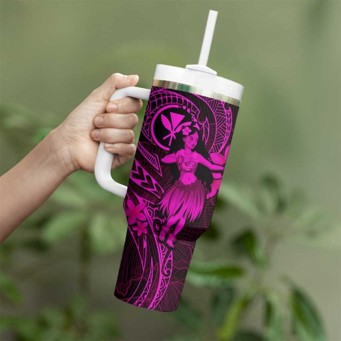 Hawaii Hula Girl Mix Polynesian Plumeria Pink Custom Stanley Quencher 40Oz Stainless Steel Tumbler With Handle - Image 3