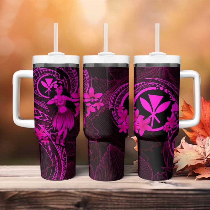 Hawaii Hula Girl Mix Polynesian Plumeria Pink Custom Stanley Quencher 40Oz Stainless Steel Tumbler With Handle - Image 4