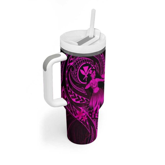 Hawaii Hula Girl Mix Polynesian Plumeria Pink Custom Stanley Quencher 40Oz Stainless Steel Tumbler With Handle - Image 2