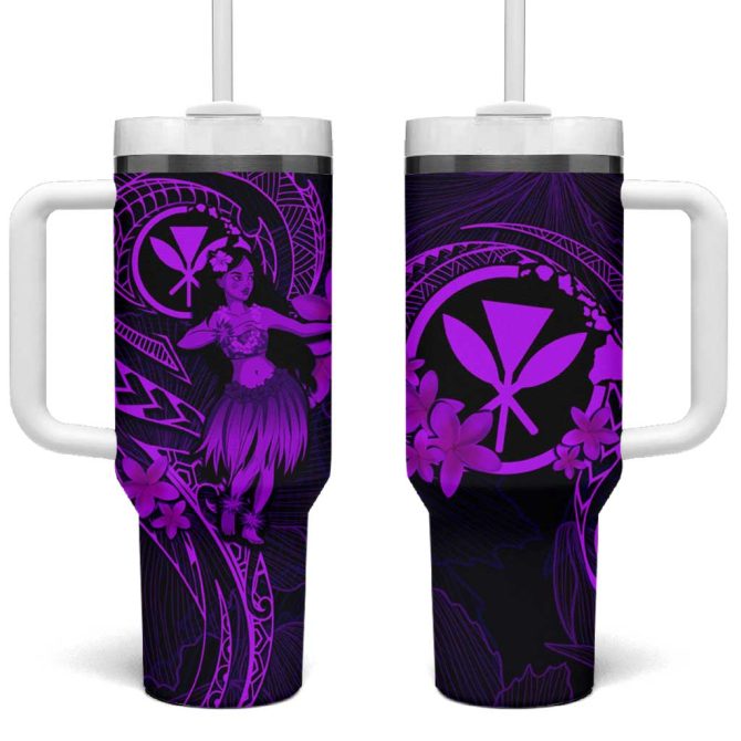 Hawaii Hula Girl Mix Polynesian Plumeria Purple Custom Stanley Quencher 40Oz Stainless Steel Tumbler With Handle