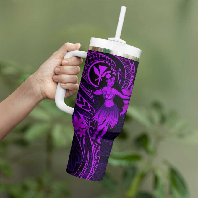 Hawaii Hula Girl Mix Polynesian Plumeria Purple Custom Stanley Quencher 40Oz Stainless Steel Tumbler With Handle - Image 3