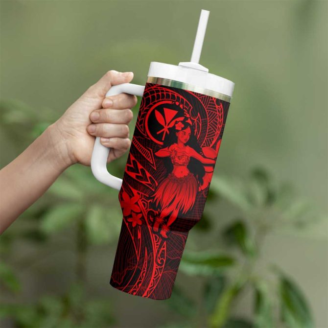 Hawaii Hula Girl Mix Polynesian Plumeria Red Custom Stanley Quencher 40Oz Stainless Steel Tumbler With Handle - Image 3