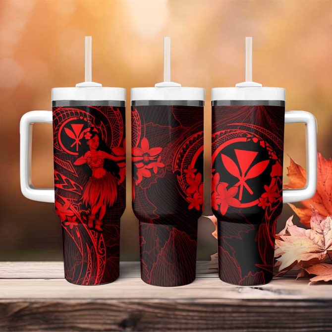Hawaii Hula Girl Mix Polynesian Plumeria Red Custom Stanley Quencher 40Oz Stainless Steel Tumbler With Handle - Image 4