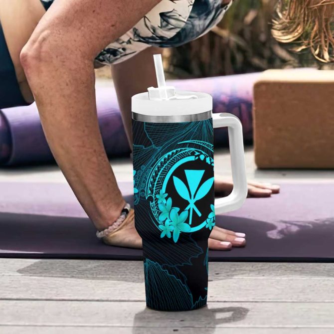 Hawaii Hula Girl Mix Polynesian Plumeria Turquoise Custom Stanley Quencher 40Oz Stainless Steel Tumbler With Handle - Image 6